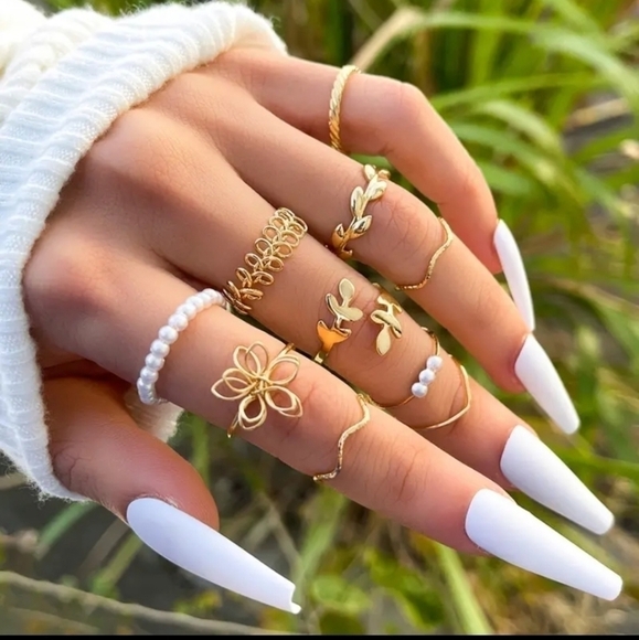 NWT 10pc Bohemian Style Gold Pearl Ring Set with Flower, Tree Leaf & Vine - Picture 1 of 7
